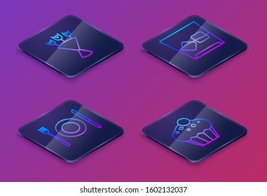 Set Isometric line Bouquet of flowers , Plate, fork and knife , Glass of whiskey and ice cubes  and Muffin . Blue square button. Vector