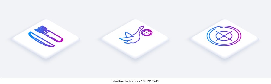 Set Isometric line Bow and arrow in quiver, Hunt on duck with crosshairs and Target sport for shooting competition. White square button. Vector