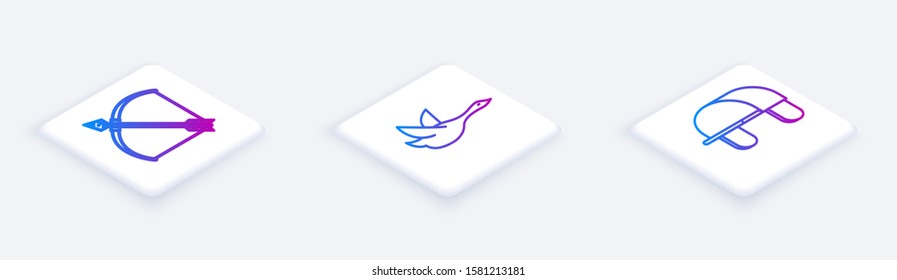 Set Isometric line Bow and arrow in quiver, Flying duck and Hunter hat. White square button. Vector