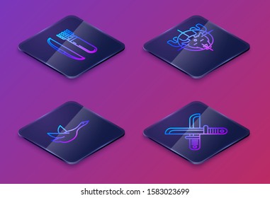Set Isometric line Bow and arrow in quiver, Flying duck, Hunt on moose with crosshairs and Crossed hunter knife. Blue square button. Vector