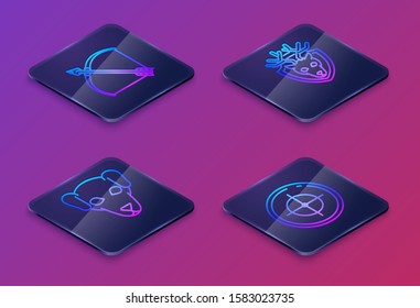 Set Isometric line Bow and arrow in quiver, Hunting dog, Deer head with antlers on shield and Target sport for shooting competition. Blue square button. Vector