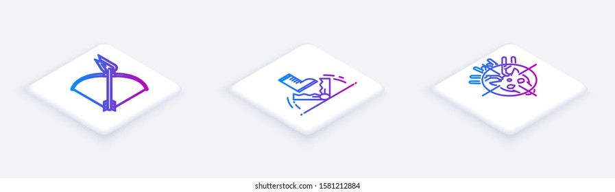 Set Isometric line Bow and fire arrow, Trap hunting and Hunt on deer with crosshairs. White square button. Vector