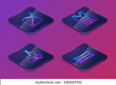 Set Isometric line Bow and fire arrow, Hunt on rabbit with crosshairs, Hunting jacket and Hipster arrows. Blue square button. Vector
