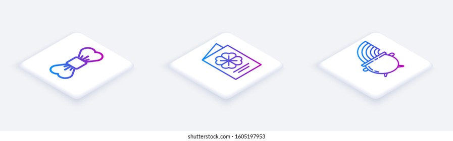 Set Isometric line Bow tie, Saint Patricks Day flyer, brochure, postcard and Witch cauldron and rainbow. White square button. Vector