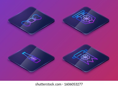 Set Isometric line Bow tie, Beer bottle with four leaf clover, Street signboard with four leaf clover and Four leaf clover and party pennant. Blue square button. Vector