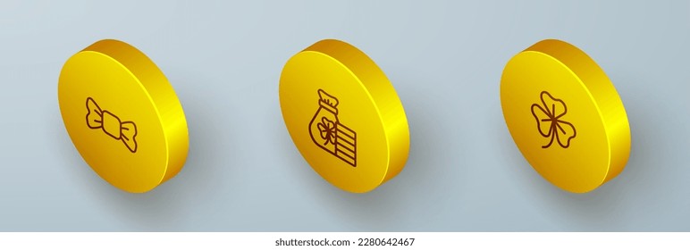 Fijar la línea isométrica Corbata, Bolsa de dinero con trébol y el icono de la hoja de trébol Clover. Vector