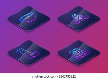 Set Isometric line Bowl of hot soup, Traditional Japanese tea ceremony, Sushi on cutting board and Sushi. Blue square button. Vector