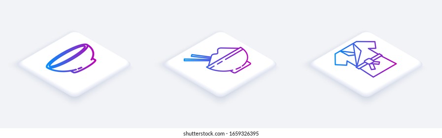 Set Isometric line Bowl of hot soup, Rice in a bowl with chopstick and Japanese costume Kimono. White square button. Vector