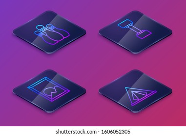 Set Isometric line Bowling pin, Picture landscape, Dumbbell and Tourist tent. Blue square button. Vector