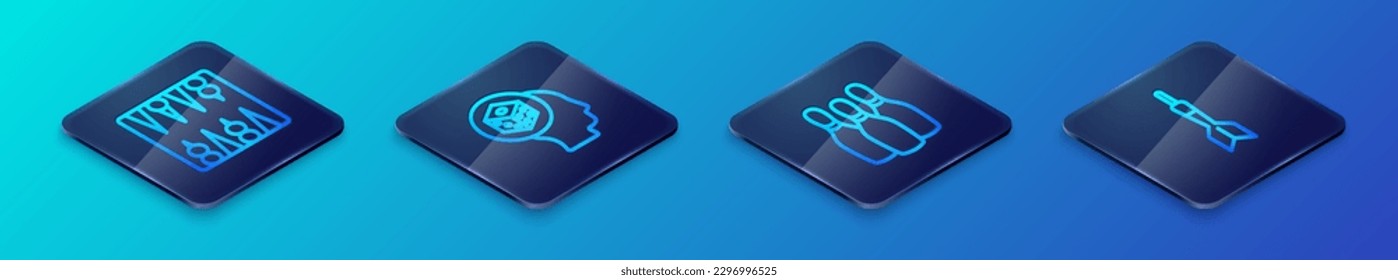 Set Isometric line Bowling pin, Backgammon board, Dart arrow and Game dice icon. Vector