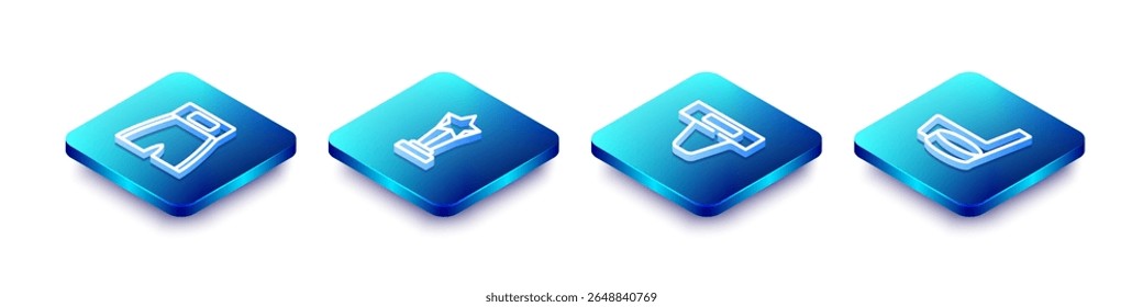 Set Isometric line Boxing short, Award cup, Groin guard and Ice hockey stick and puck icon. Vector