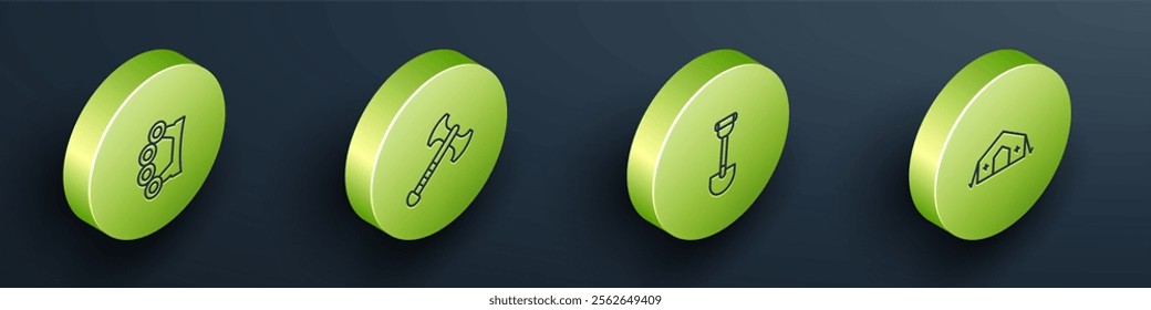 Set Isometric line Brass knuckles, War axe, Sapper shovel and Military medical tent icon. Vector