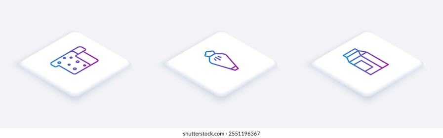 Set Isometric line Bread toast, Pastry bag and Paper package for milk. White square button. Vector