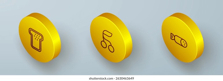 Set Isometric line Bread toast, Fresh berries and Salami sausage icon. Vector