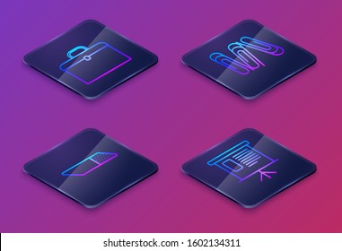 Set Isometric line Briefcase, Eraser or rubber, Paper clip and Presentation financial board with graph, schedule, chart, diagram, infographic, pie graph. Blue square button. Vector