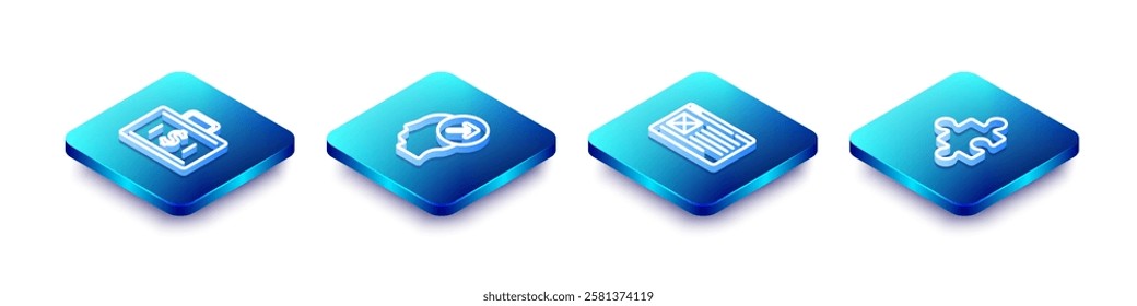 Set Isometric line Briefcase and money, Head hunting concept, Browser window and Piece of puzzle icon. Vector