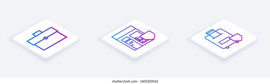 Set Isometric line Briefcase, Shopping building with shield and Traveling baggage insurance. White square button. Vector