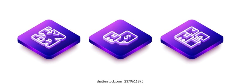 Establecer línea isométrica Caja de cartón rota, factura y almacén con icono de cajas. Vector