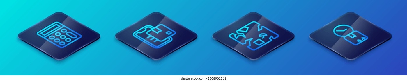 Set Isometric line Broken cardboard box, Calculator, Cardboard with clock and Document tracking marker icon. Vector