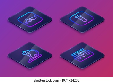 Set Isometric line Broken flask, Microscope, Test tube and and . Blue square button. Vector