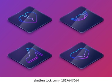 Set Isometrische Linie gebrochenes Herz oder Scheidung, Frauenschuh mit hoher Ferse, Herz mit Flügeln und Candy in herzförmigen Schachtel. Blauer Quadrat-Knopf. Vektorgrafik