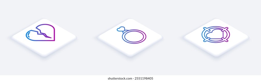 Set Isometric line Broken heart or divorce, Wedding rings and Heart in the center of darts target aim. White square button. Vector