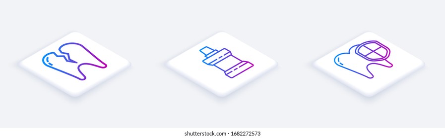 Set Isometric line Broken tooth, Mouthwash plastic bottle and Dental protection. White square button. Vector