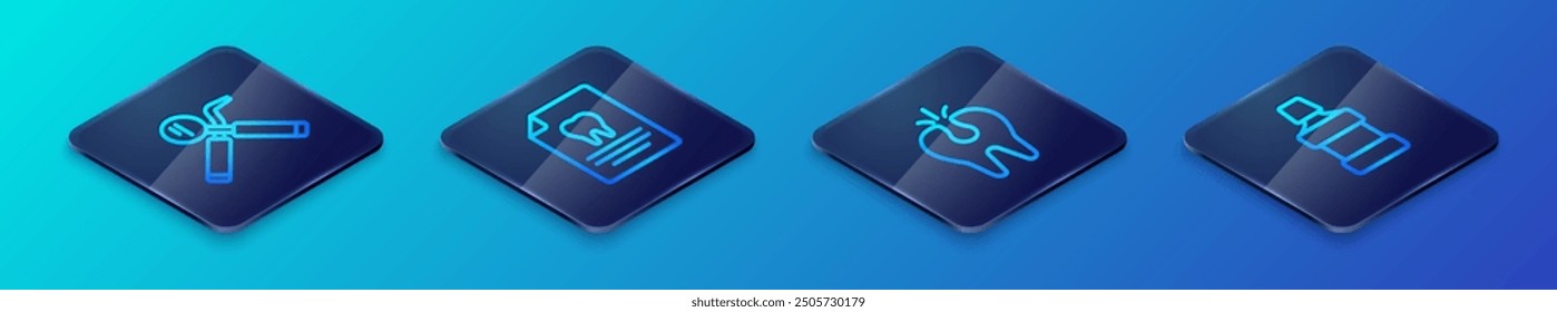 Set Isometric line Broken tooth, Dental mirror and probe, Mouthwash and Clipboard with dental card icon. Vector