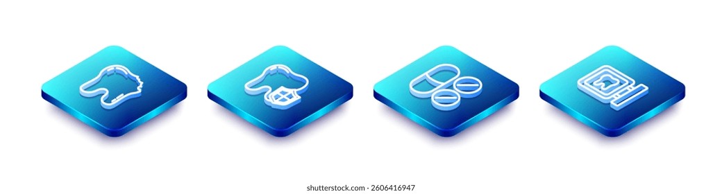 Set Isometric line Broken tooth, Dental protection, Painkiller tablet and clinic location icon. Vector