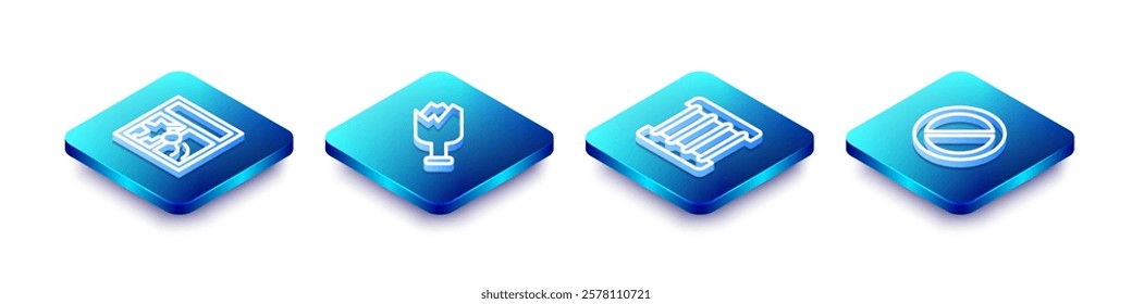 Set Isometric line Broken window, bottle as weapon, Prison and Ban icon. Vector
