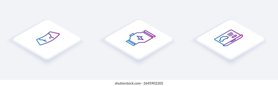 Set Isometric line Broken windshield, Check engine and Diagnostics condition of car. White square button. Vector