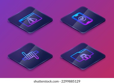 Set Isometric line Browser with exclamation mark, Barbed wire, Smartphone and Folder and lock. Blue square button. Vector