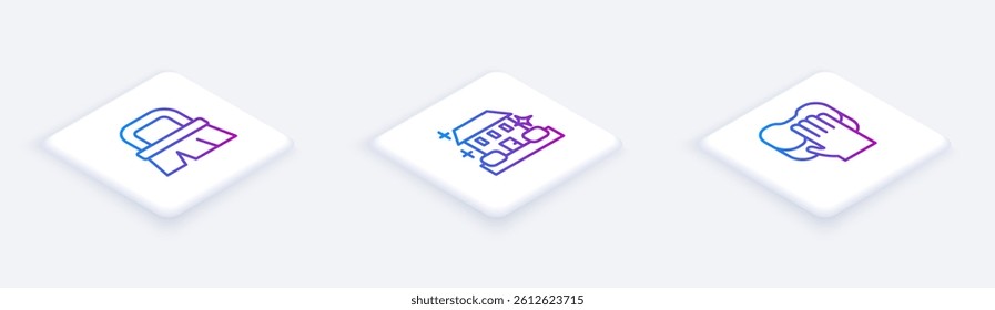Set Isometric line Brush for cleaning, Home service and Cleaning. White square button. Vector