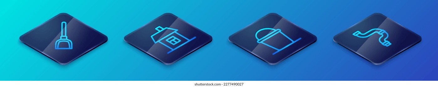 Establezca la línea isométrica Cubo, Dustpan, tubería metálica de la industria e icono de la Casa. Vector