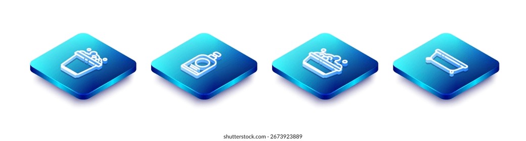 Cubo de línea isométrica con espuma de jabón, botella de desinfectante de manos, lavabo de plástico e icono de bañera. Vector