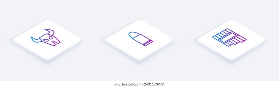 Set Isometric line Buffalo skull, Bullet and Pan flute. White square button. Vector