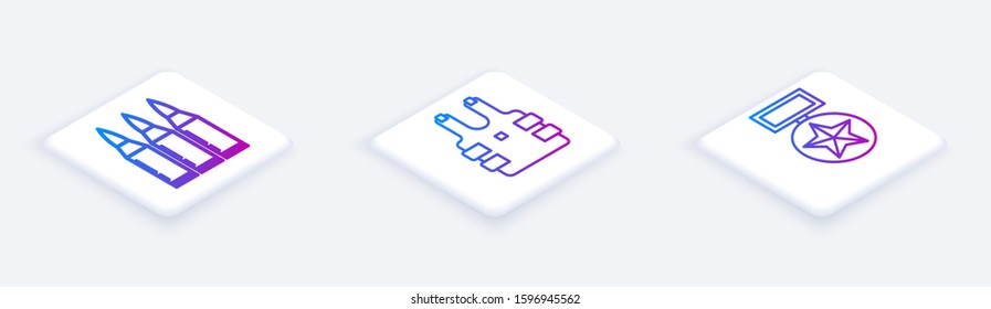 Set Isometric line Bullet , Bulletproof vest for protection from bullets  and Military reward medal . White square button. Vector