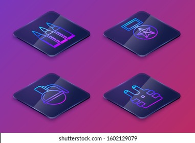 Set Isometric line Bullet , Hand grenade , Military reward medal  and Bulletproof vest for protection from bullets . Blue square button. Vector