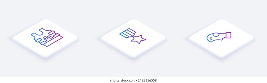 Chaleco antibalas de línea isométrica, medalla de recompensa militar y máscara de gas. Botón cuadrado blanco. Vector