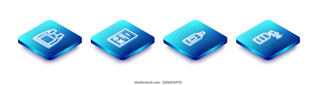 Set Isometric line Bulletproof vest, Poll document, Paint spray can and Air horn icon. Vector