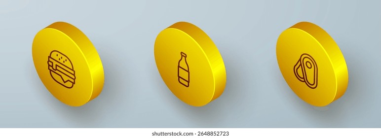 Set Isometric line Burger, Bottle of wine and Steak meat icon. Vector