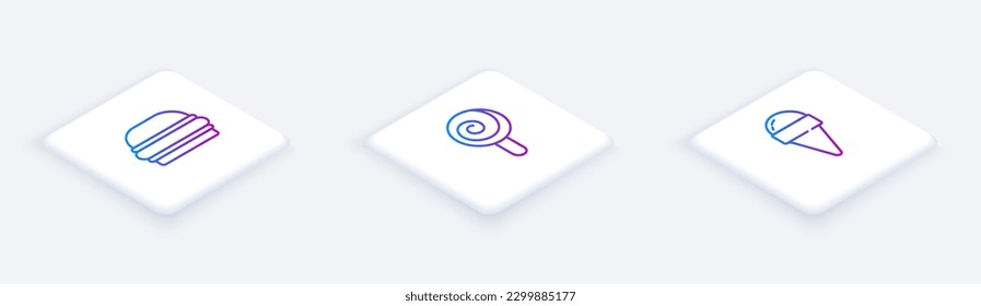 Set Isometric line Burger, Lollipop and Ice cream in waffle cone. White square button. Vector