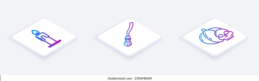 Set Isometric line Burning candle , Witches broom  and Pumpkin and skull . White square button. Vector