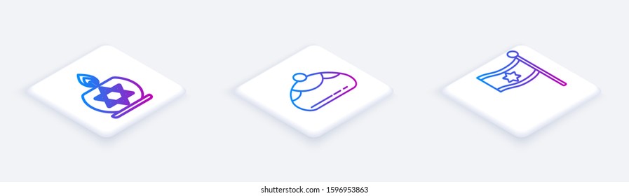 Set Isometric line Burning candle in candlestick with star of david, Jewish sweet bakery and Flag of Israel. White square button. Vector