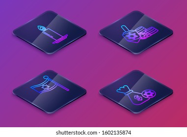 Set Isometric line Burning candle in candlestick, Flag of Israel, Hanukkah dreidel and coin and Jewish money bag with star of david and coin. Blue square button. Vector