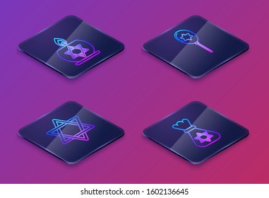 Set Isometric line Burning candle in candlestick with star of david, Star of David, Balloons with ribbon with star of david and Jewish money bag with star of david. Blue square button. Vector