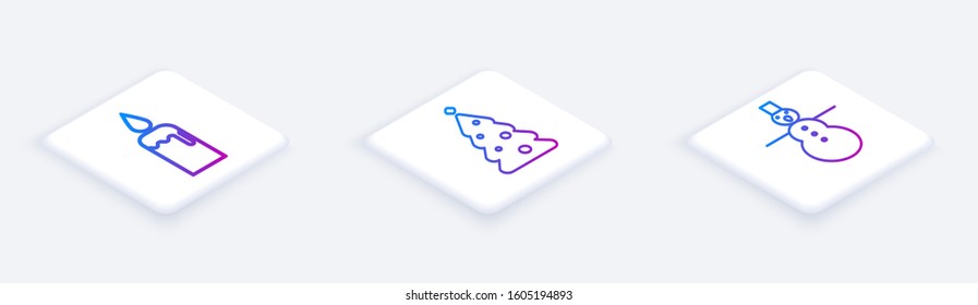 Set Isometric line Burning candle in candlestick, Christmas tree with decorations and Christmas snowman. White square button. Vector