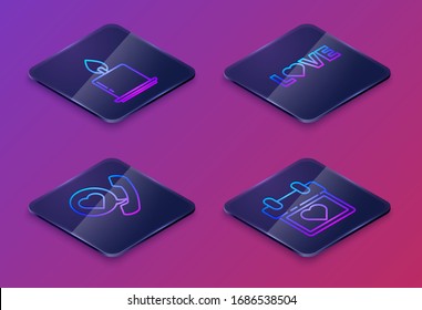 Set Isometric line Burning candle, Telephone with heart speech bubble, Love text and Calendar with heart. Blue square button. Vector
