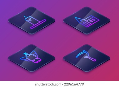 Set Isometric line Burning candle, Christmas angel, Church building and Scythe. Blue square button. Vector