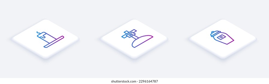 Set Isometric line Burning candle, Grave with cross and Funeral. White square button. Vector